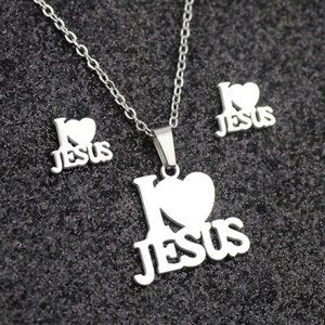 Stainless Steel Silver "I Love Jesus" Pendant, Necklace & Stud Earrings